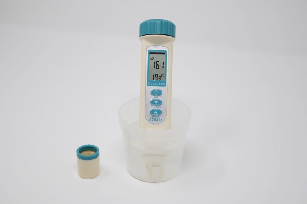 A Water Rangers conductivity meter, which can also show measurements for total dissolved solids.