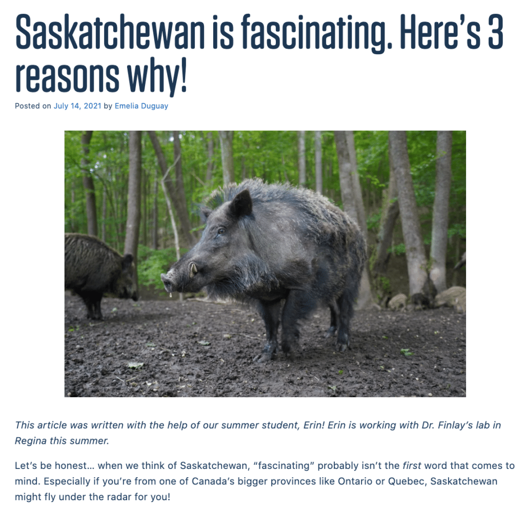 A screenshot of our summer student Erin's blog post about Saskatchewan.