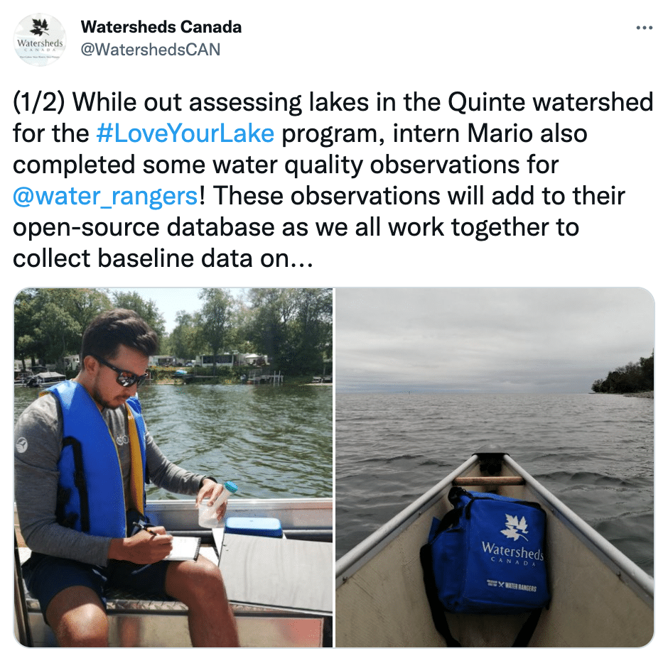 A screenshot of one of Watersheds Canada's tweets about their interning using a Water Rangers testkit to sample the water. 