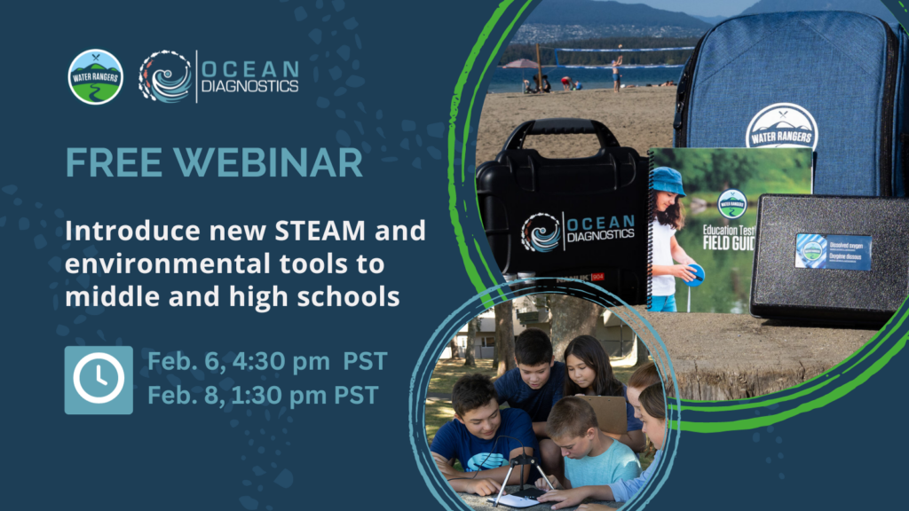 Webinar promotional image that lists the details of the event. 
Title: FREE WEBINAR - introduce new STEAM and environmental tools to middle and high schools. 
Feb 6, 4:30 pm PST and Feb 8, 1:30 pm PST