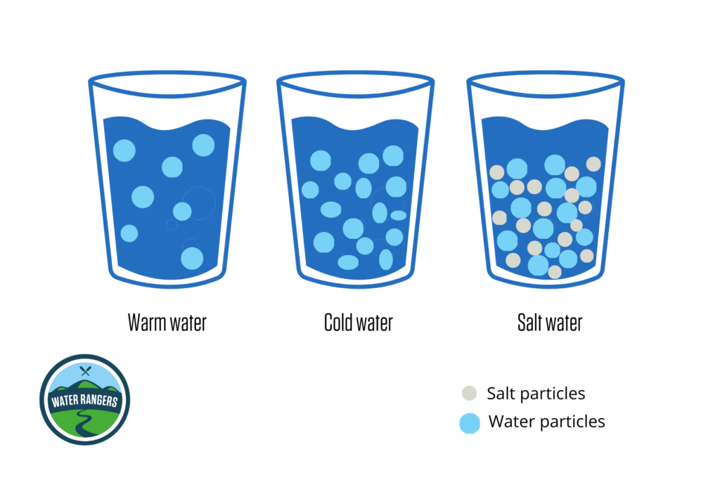 An illustration showing three glasses of water and how temperature and salinity change the density of the water. Warm water particles are more spaced out than cold water particles, and salt particles become packed with the water particles. 