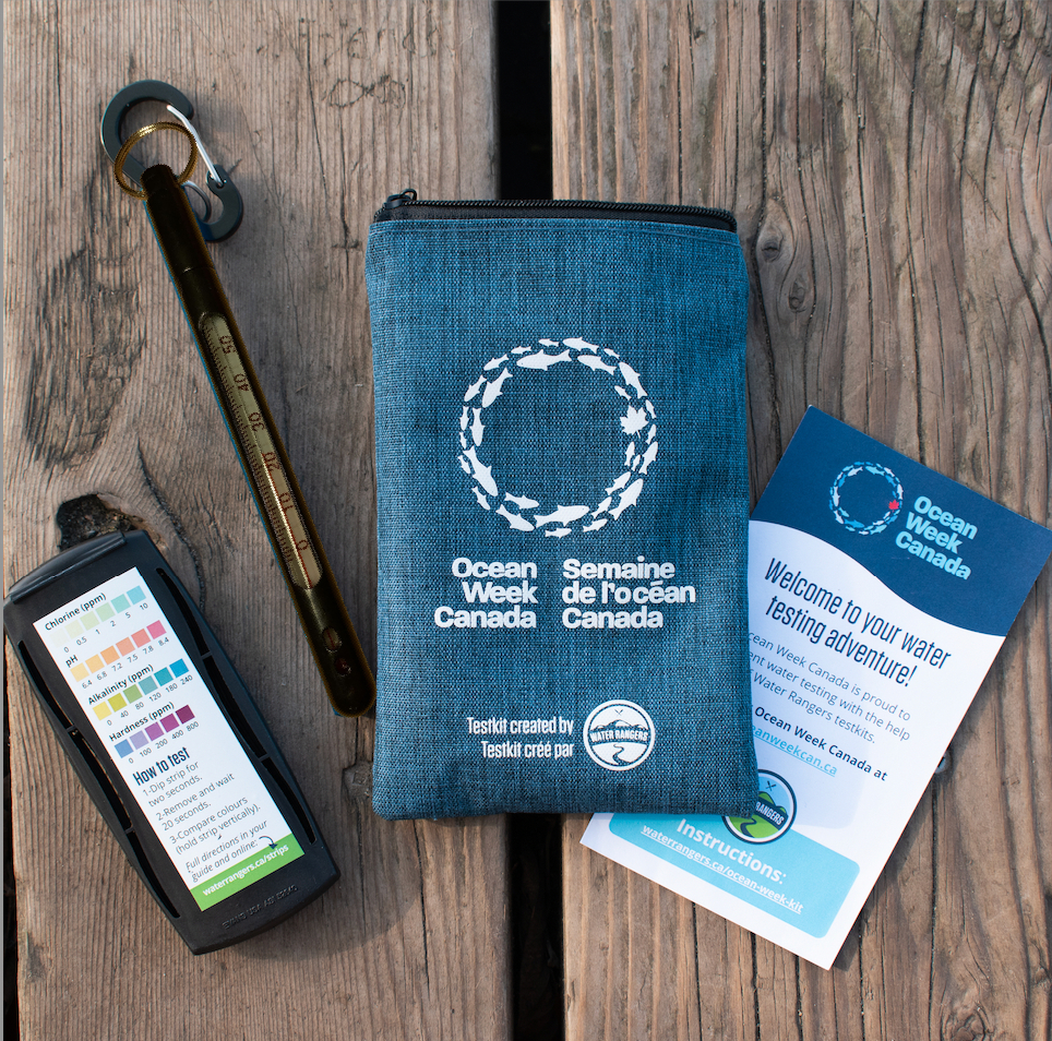 Water Rangers Ocean Week Canada branded tiny kit, test strips container, thermometer, and ocean week post card. 