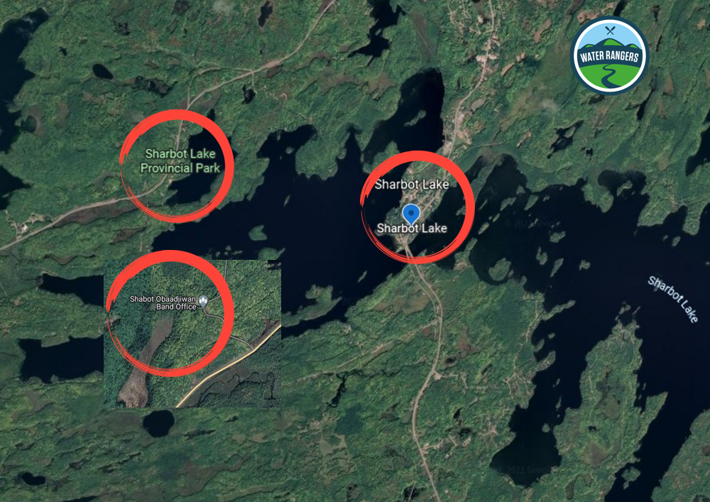 A satellite map with Sharbot lake, Sharbot Provincial park, and Shabot Obaajiwan Band office circled in red. 