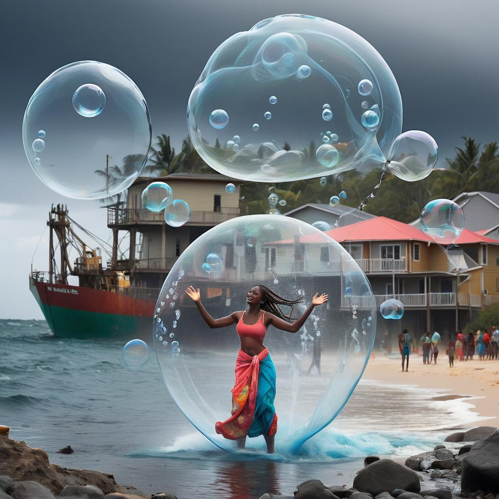 A digital image created using AI that depicts a woman in a large bubble with lots of bubbles around her, on a shore with people to her right and a ship to her left. 